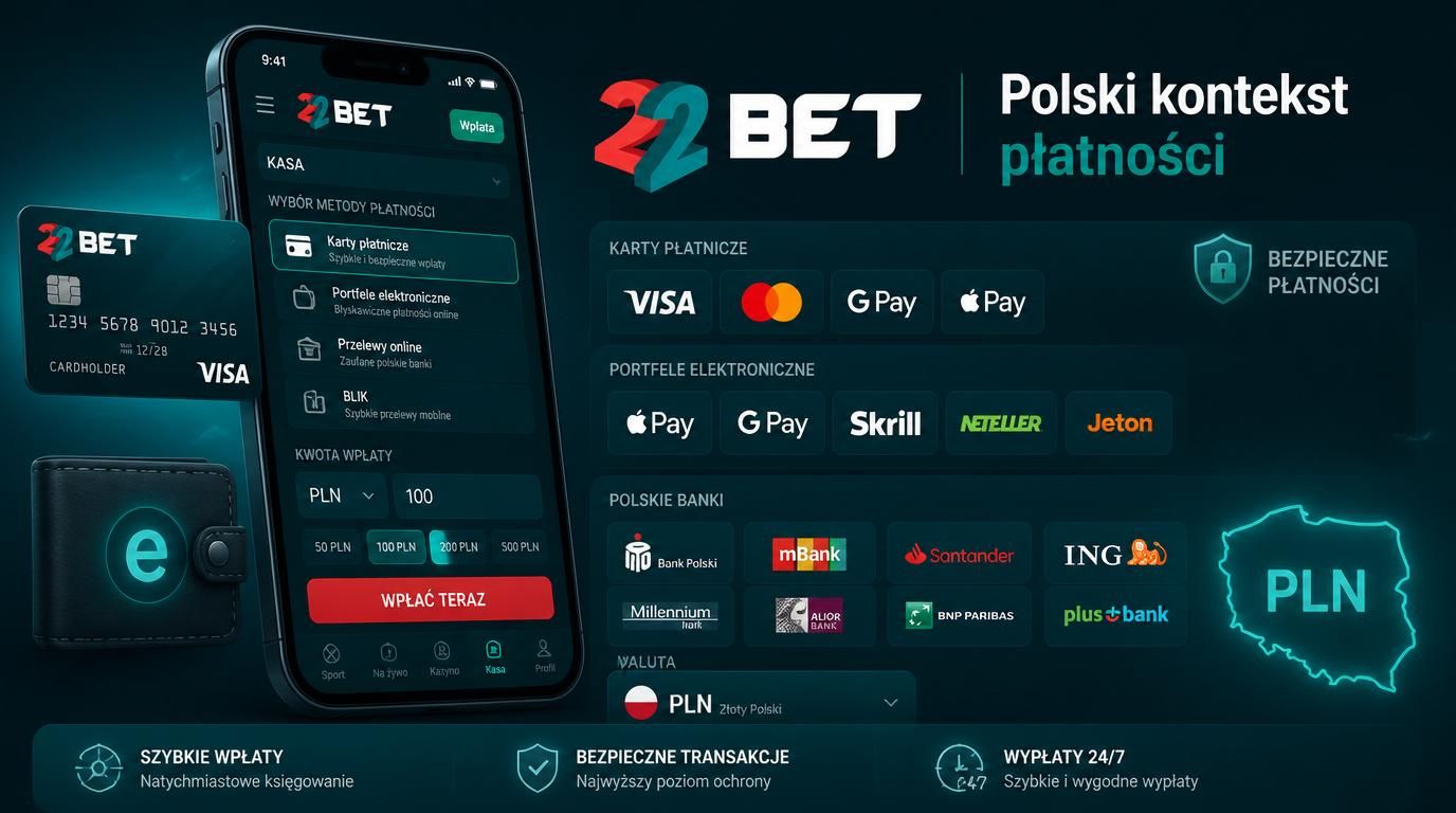 Mężczyzna trzymający telefon i kartę bankową z PLN, tło z motywem polskich banków i logo 22Bet