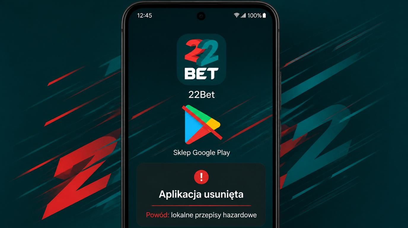 mobilny ekran Android z przekreśloną ikoną Google Play i ostrzeżeniem o przepisach
